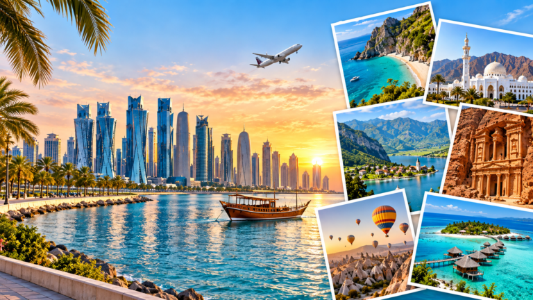 Best short getaways from Qatar for a weekend escape, featuring Doha skyline and travel destinations